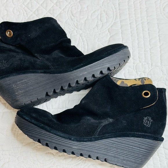 Fly London Yama Black Suede Leather Wedge Back Lace Ankle Boots Women’s 40 9-9.5 - Picture 1 of 8